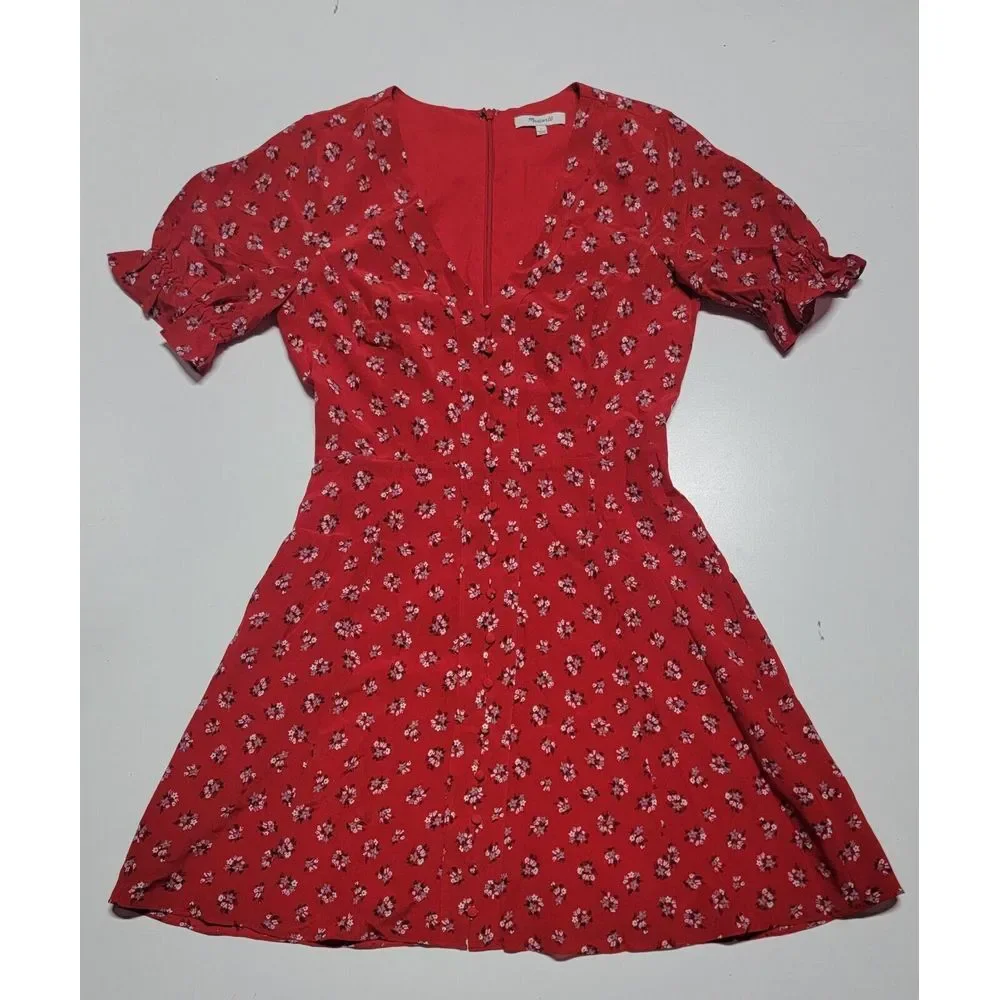 Madewell Red Silk Little Lilies Button‎ Front Ruffle Sleeve Short Dress Size 2